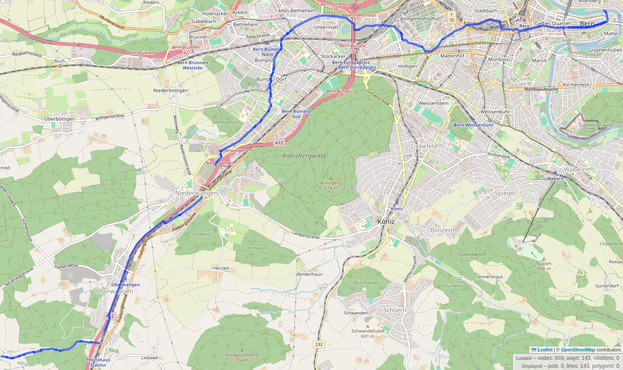 Karte von Bern mit dem Verlauf des Stadbaches hervorgehoben. Er fliesst von Oberwangen über Betlehem vorbei am Weyermannshaus, dann rüber zum Loryplatz und von dort an die Stadtbachstrasse, wo er dann etwas vor dem Obergericht den Bahnhof umgeht und auf die Zielgerade für die Altstadt übergeht um dann in der zu Aare enden.